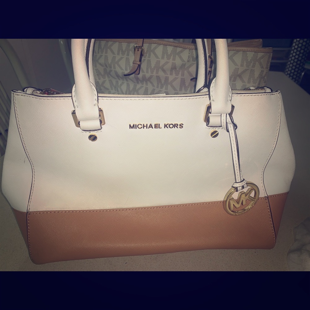 White and tan color block Michael kors tote bag